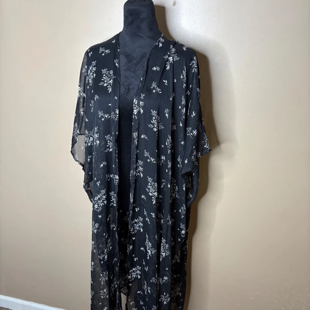 LC Lauren Conrad Womens Black Floral Sheer Duster Kimono Open Front One Size